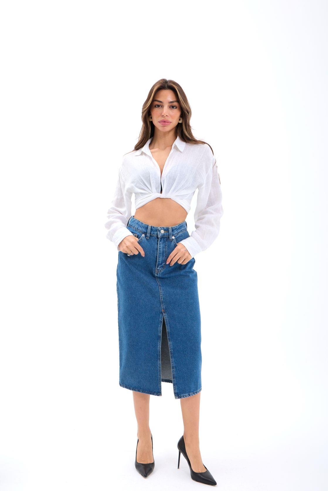 6471 DENIM MIDI-SCHLITZROCK-DUNKELBLAU