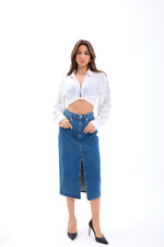 6471 DENIM MIDI-SCHLITZROCK-DUNKELBLAU