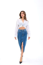 6471 DENIM MIDI-SCHLITZROCK-DUNKELBLAU
