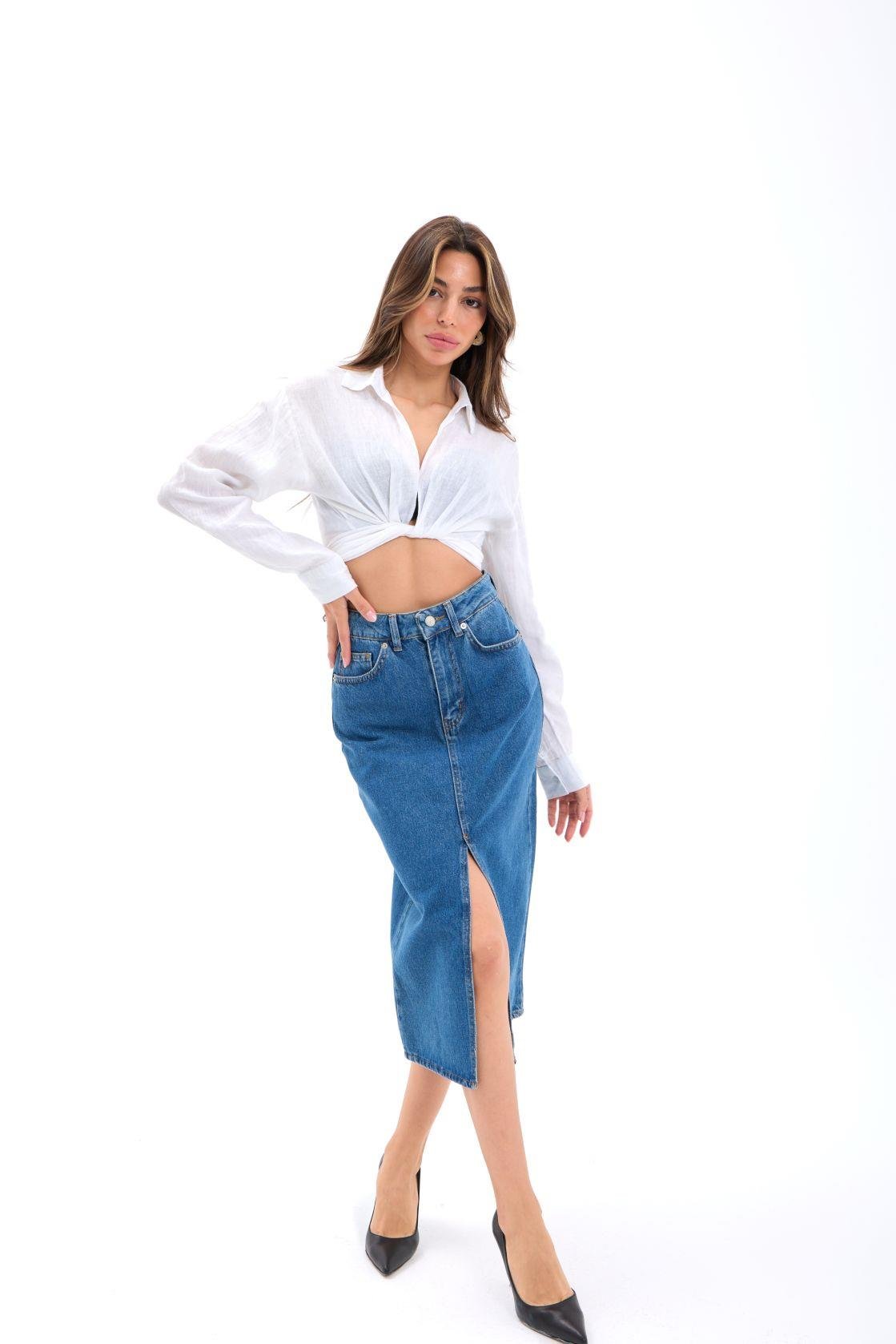 6471 DENIM MIDI-SCHLITZROCK-DUNKELBLAU