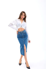 6471 DENIM MIDI-SCHLITZROCK-DUNKELBLAU