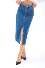 6471 DENIM MIDI-SCHLITZROCK-DUNKELBLAU