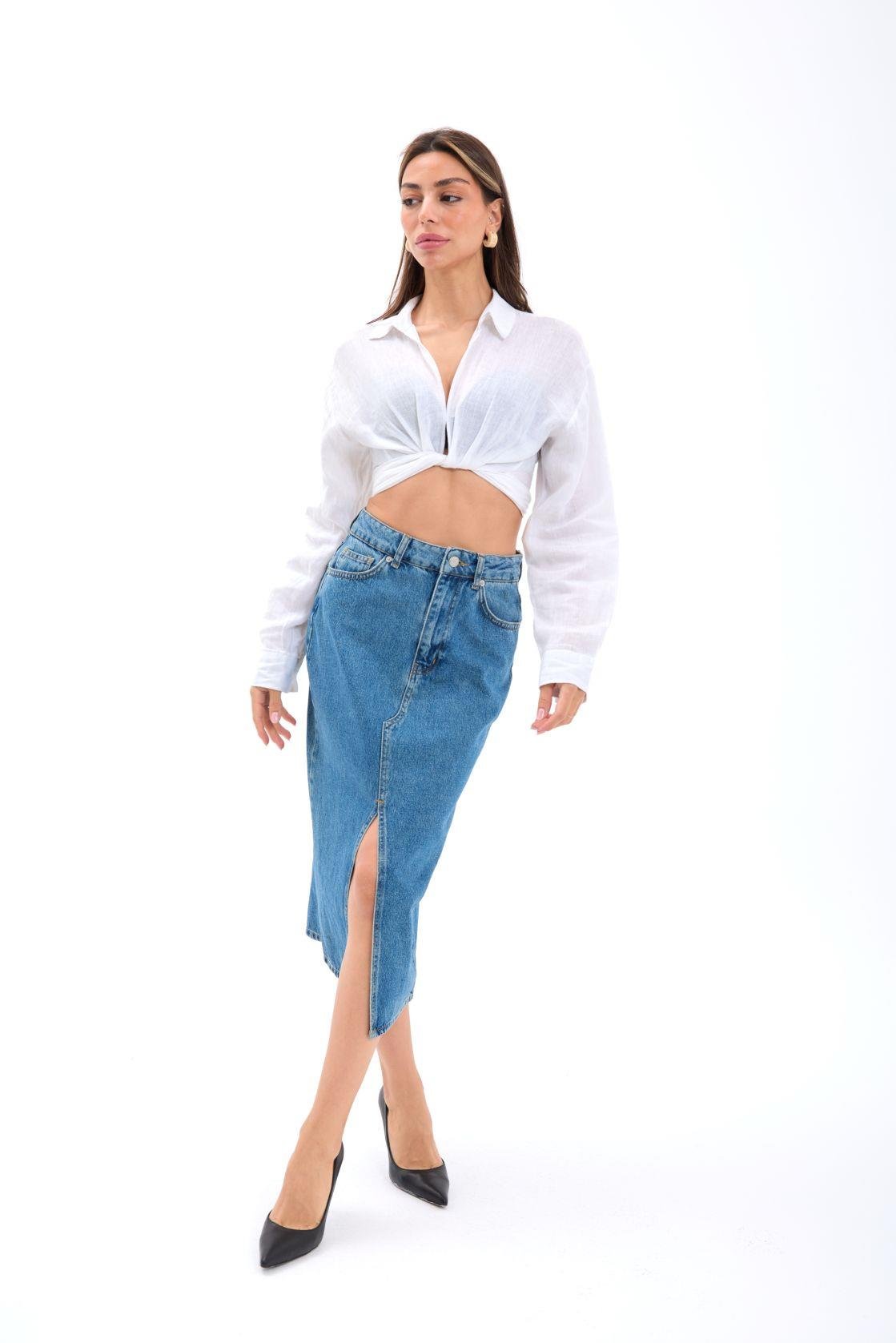 6478 DENIM MIDI-SCHLITTROCK-BLAU