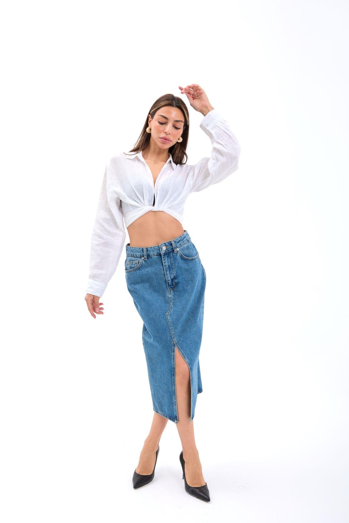 6478 DENIM MIDI-SCHLITTROCK-BLAU