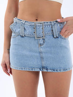 6831 Gürtel Jeans-Minirock mit niedriger Taille, Blau