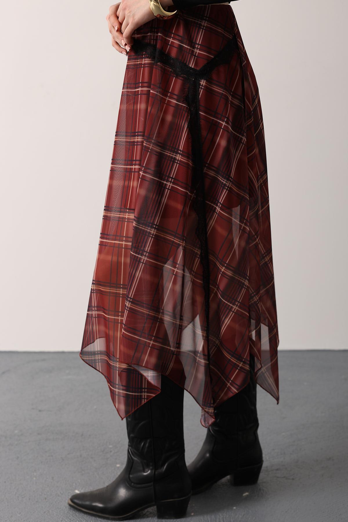 EKOSE DESEN DANTELLİ ASİMETRİK ETEK - Bordo