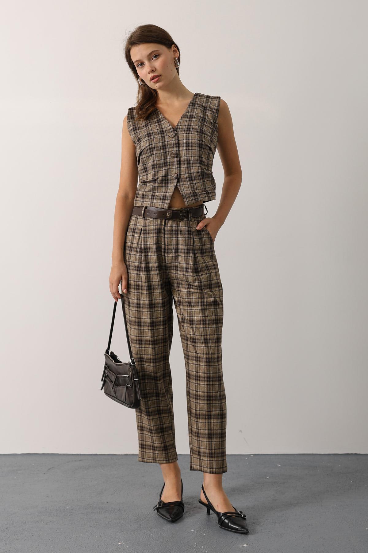 EKOSE DESEN KEMERLİ PANTOLON - Kahve-Bej