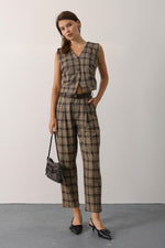 EKOSE DESEN KEMERLİ PANTOLON - Kahve-Bej