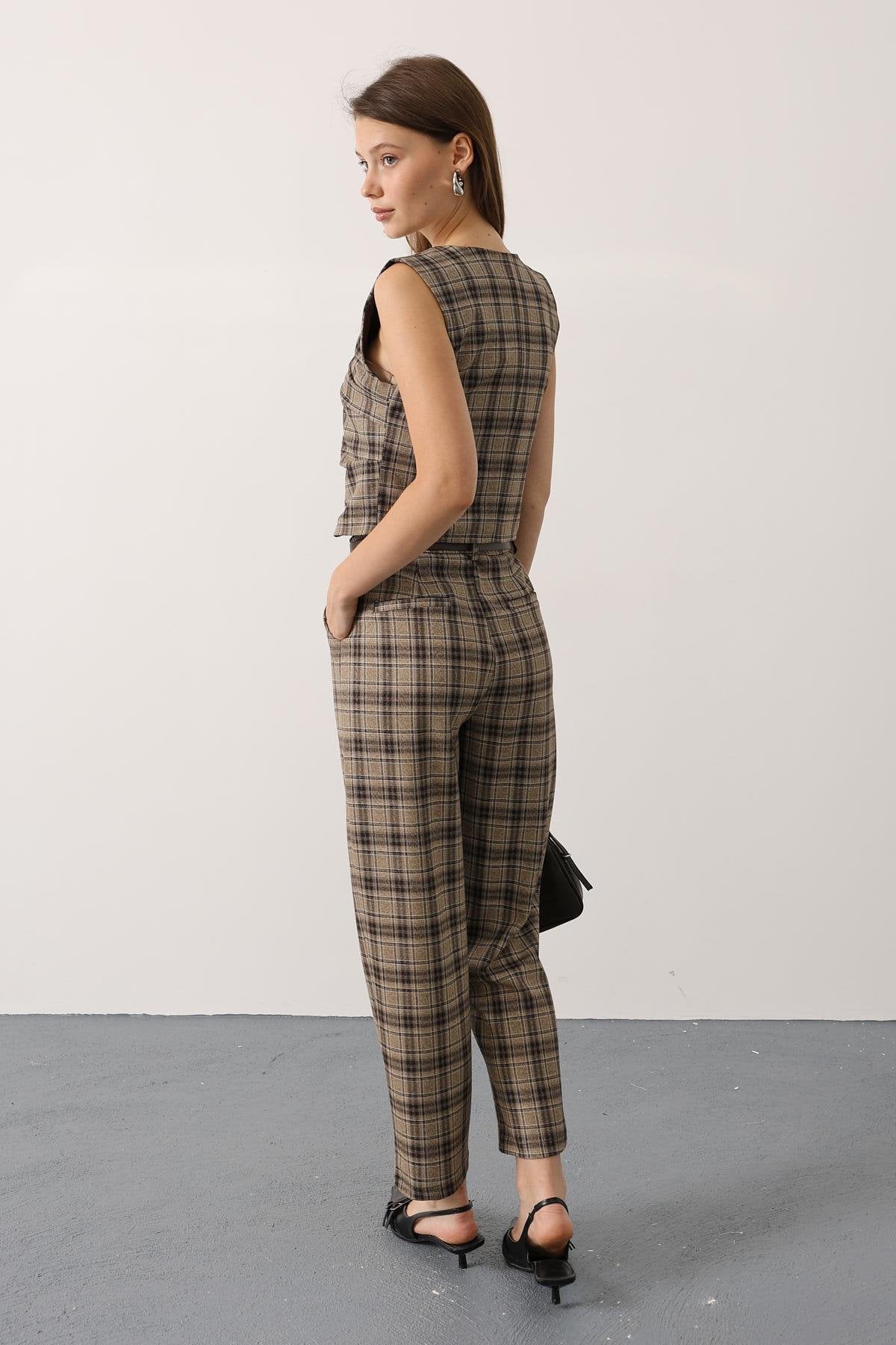 EKOSE DESEN KEMERLİ PANTOLON - Kahve-Bej