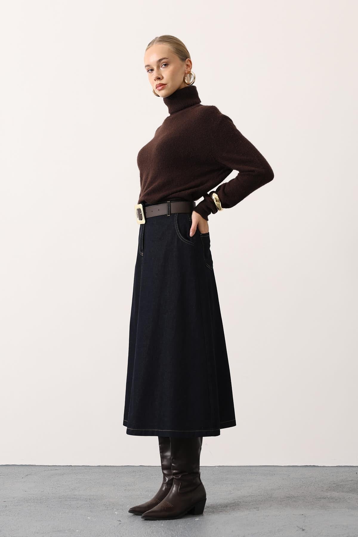 GOLD KEMERLİ DENİM UZUN ETEK - Lacivert