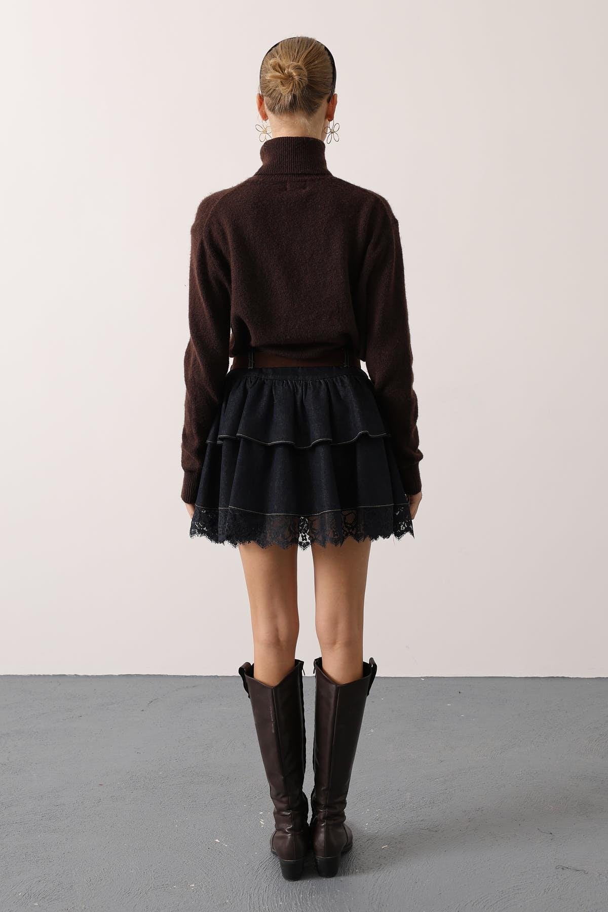 KEMERLİ DANTEL DETAYLI DENİM ETEK - Lacivert