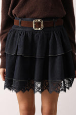 KEMERLİ DANTEL DETAYLI DENİM ETEK - Lacivert