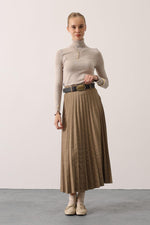 PİLİSELİ KEMER DETAYLI SÜET ETEK - Vizon