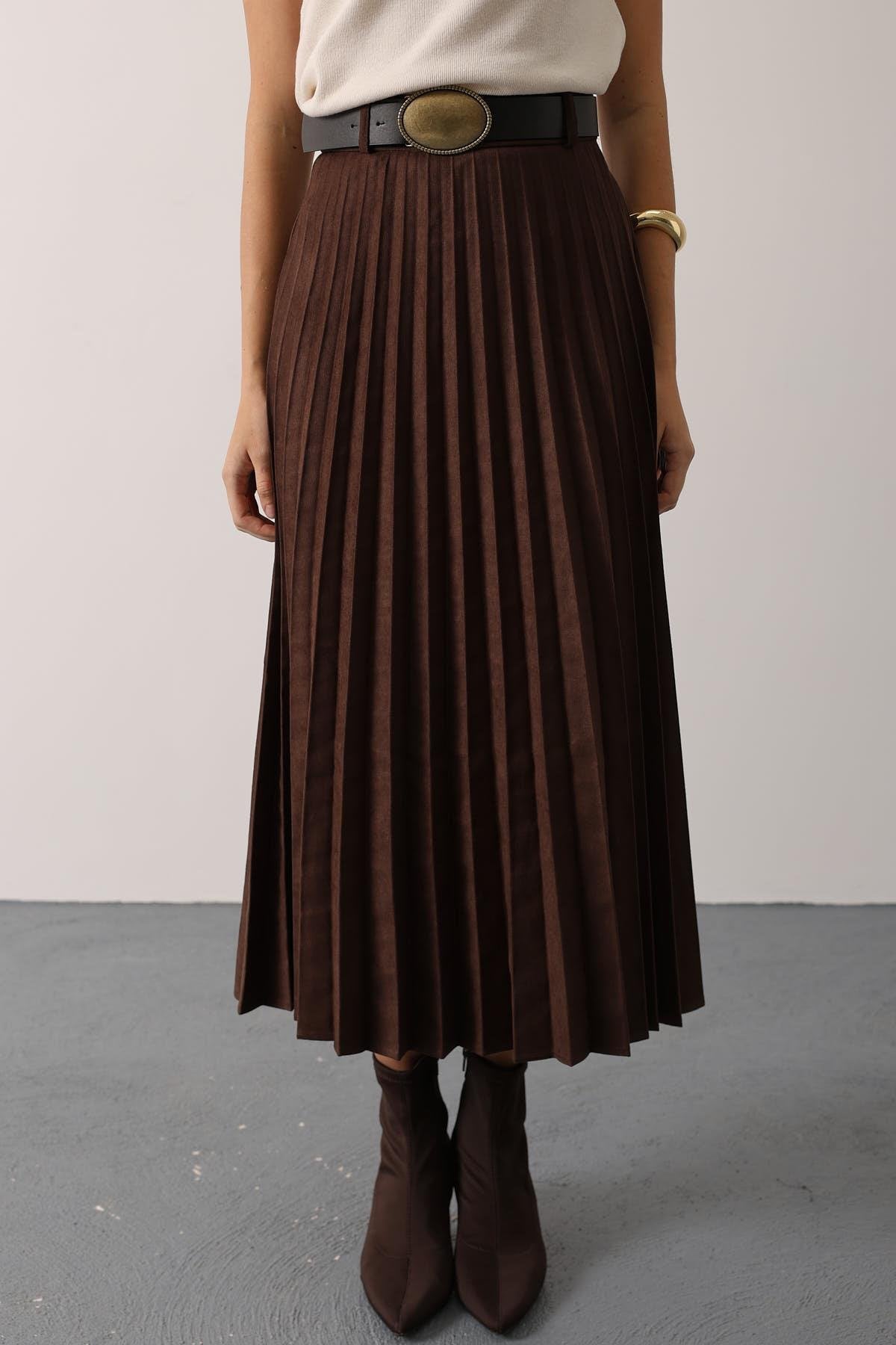 PİLİSELİ KEMER DETAYLI SÜET ETEK - Kahve