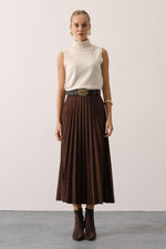 PİLİSELİ KEMER DETAYLI SÜET ETEK - Kahve