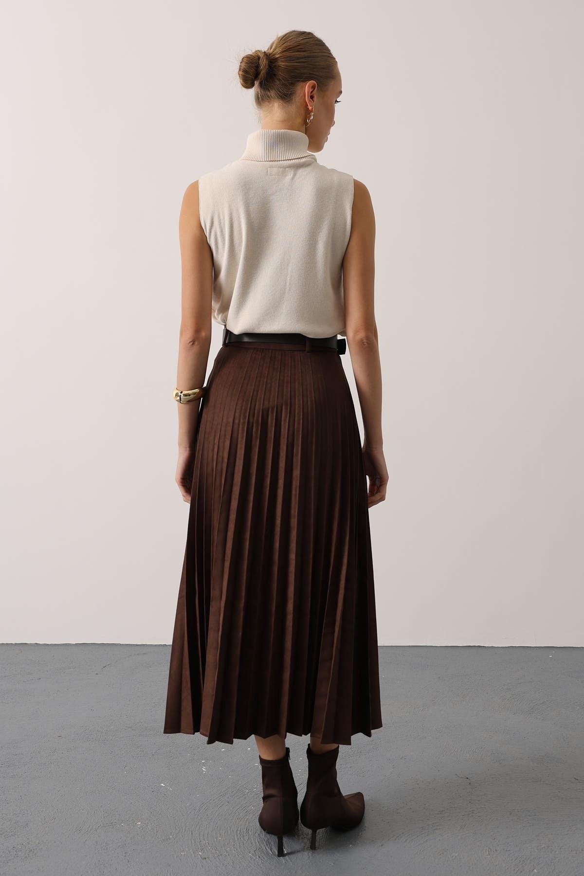 PİLİSELİ KEMER DETAYLI SÜET ETEK - Kahve