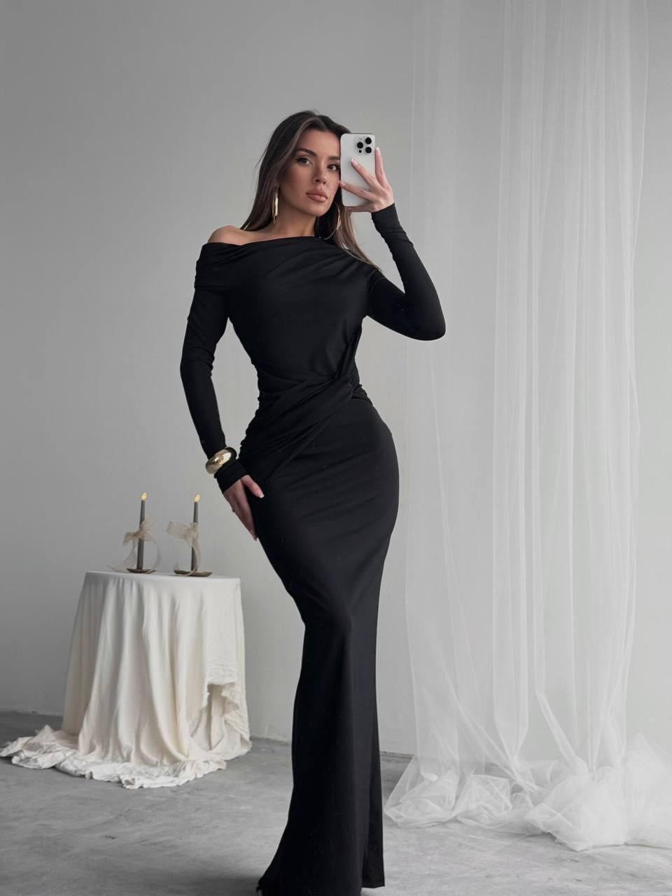 Kayık Yaka Uzun Kurdele Elbise