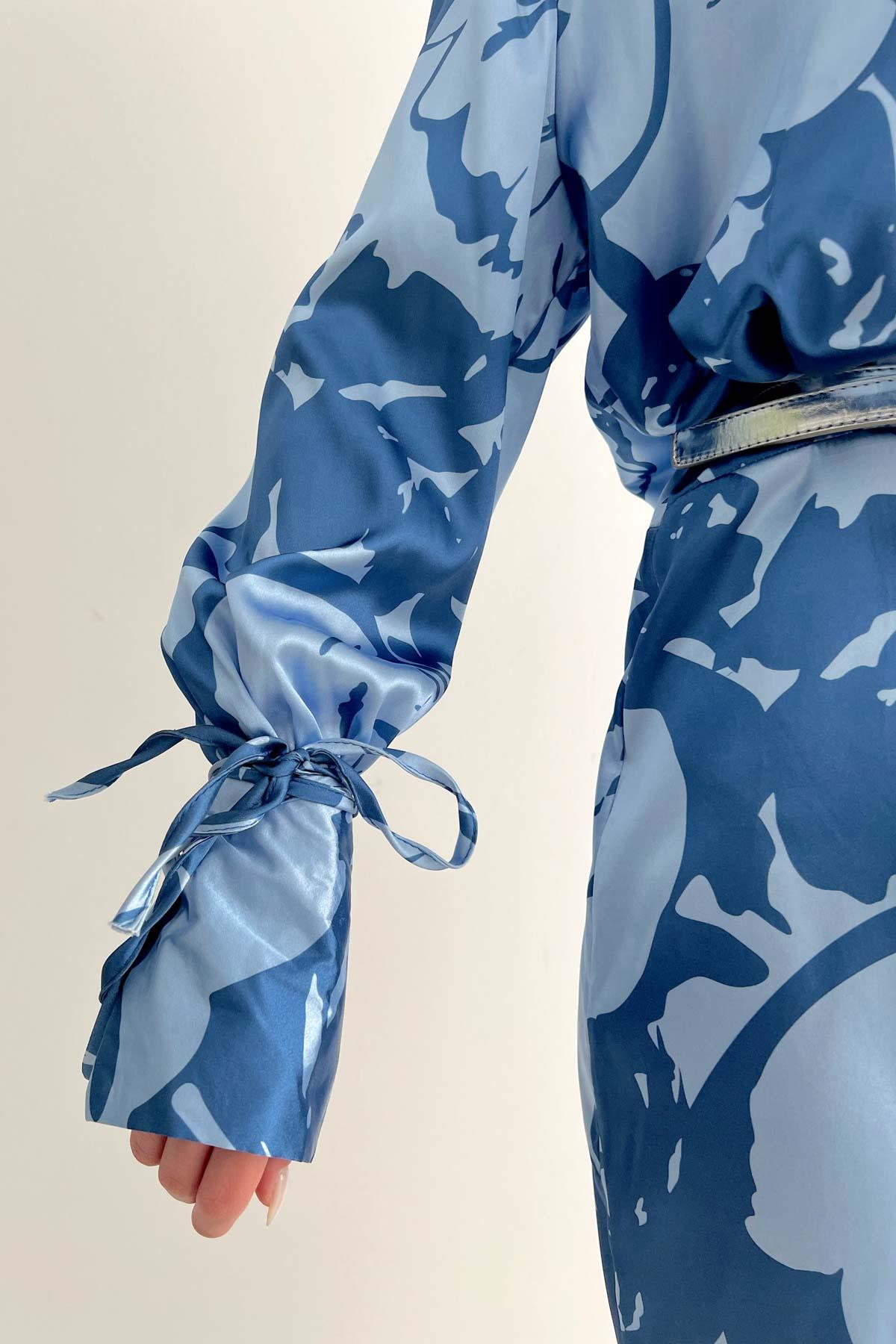 * Vatkalı manşet detaylı gömlek elbise - Mavi