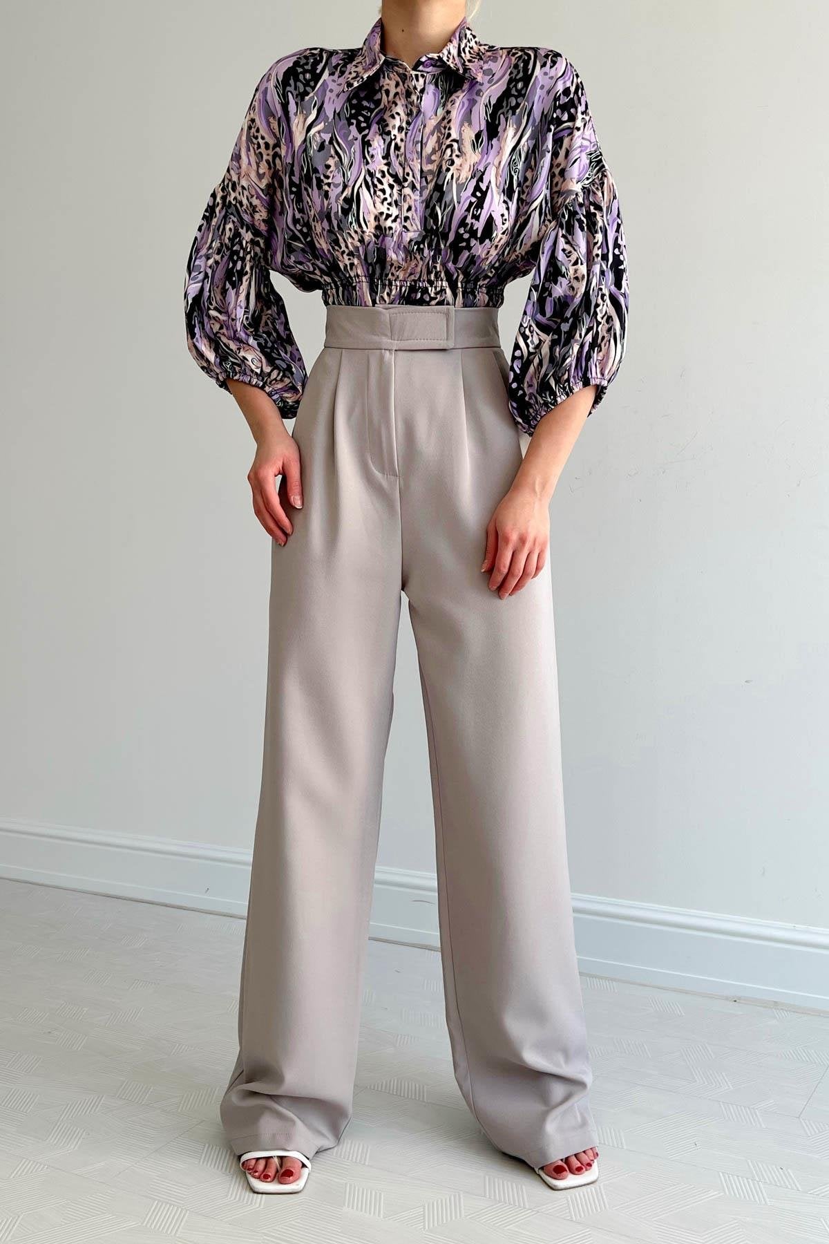 * Beli lastikli saten gömlek - Lila