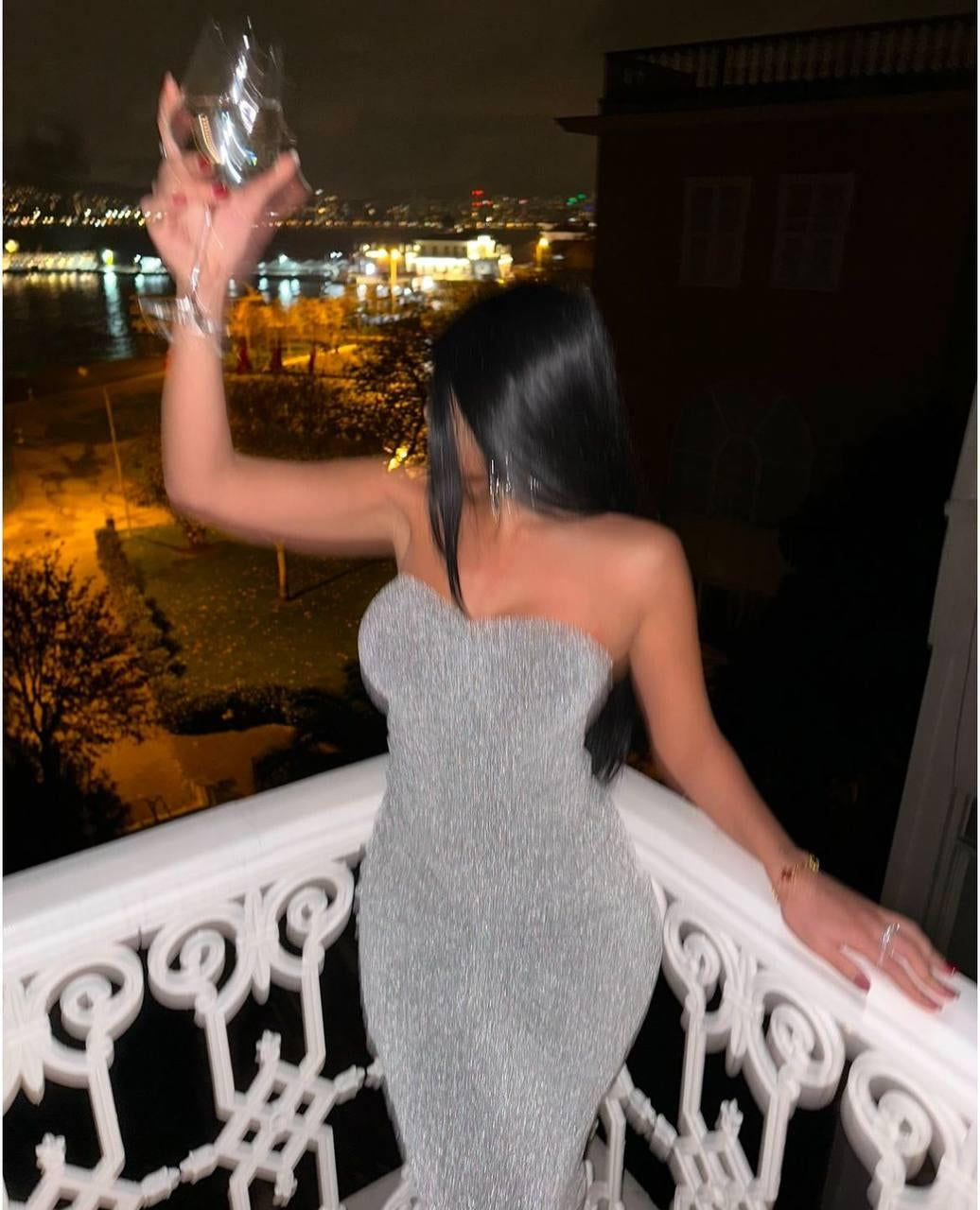 Straplez Simli Uzun Elbise