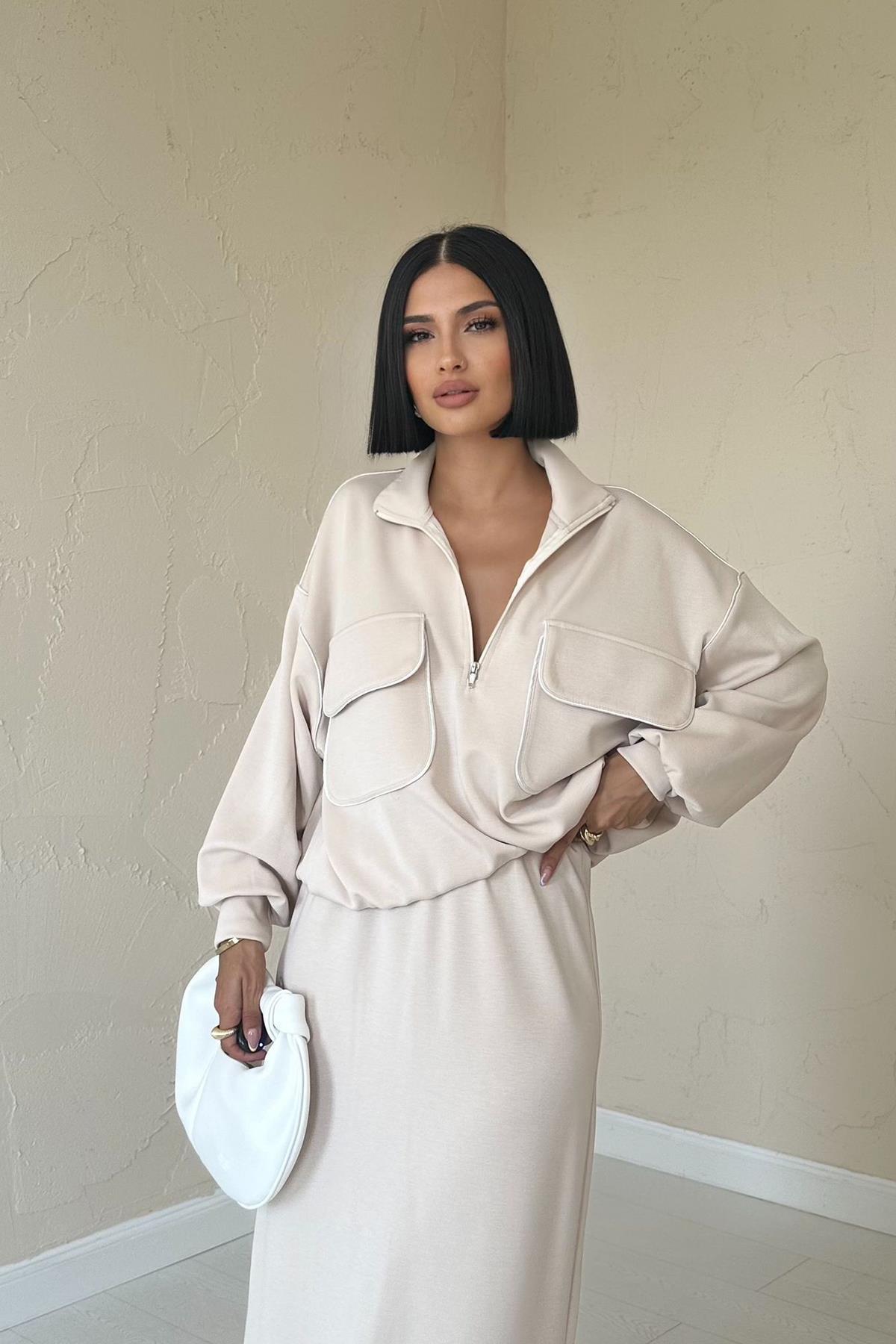 Toptan Bej Biyeli Sweatshirt Ve Etek Takım