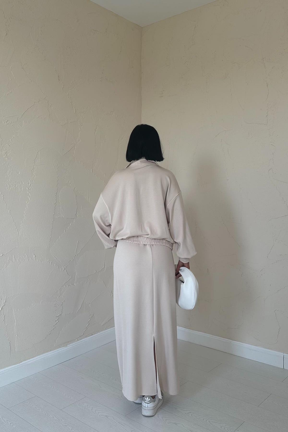 Toptan Bej Biyeli Sweatshirt Ve Etek Takım