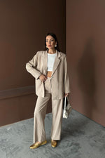 Toptan Bej Çizgili Ceket Ve Pantolon Takım