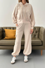 Toptan Bej Kapüşonlu Sweatshirt Ve Kargo Pantolon Takım