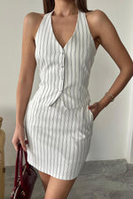 Toptan Beyaz Çizgili Yelek Ve Etek Takım