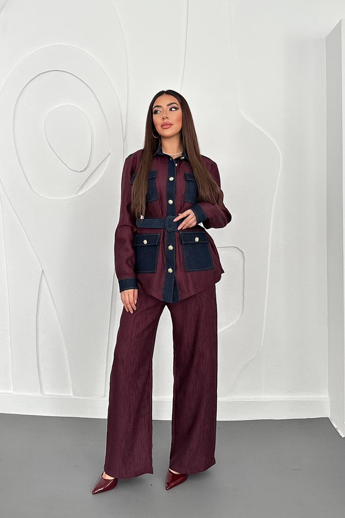 Toptan Bordo Garnili Cepli Gömlek Ve Pantolon Takım