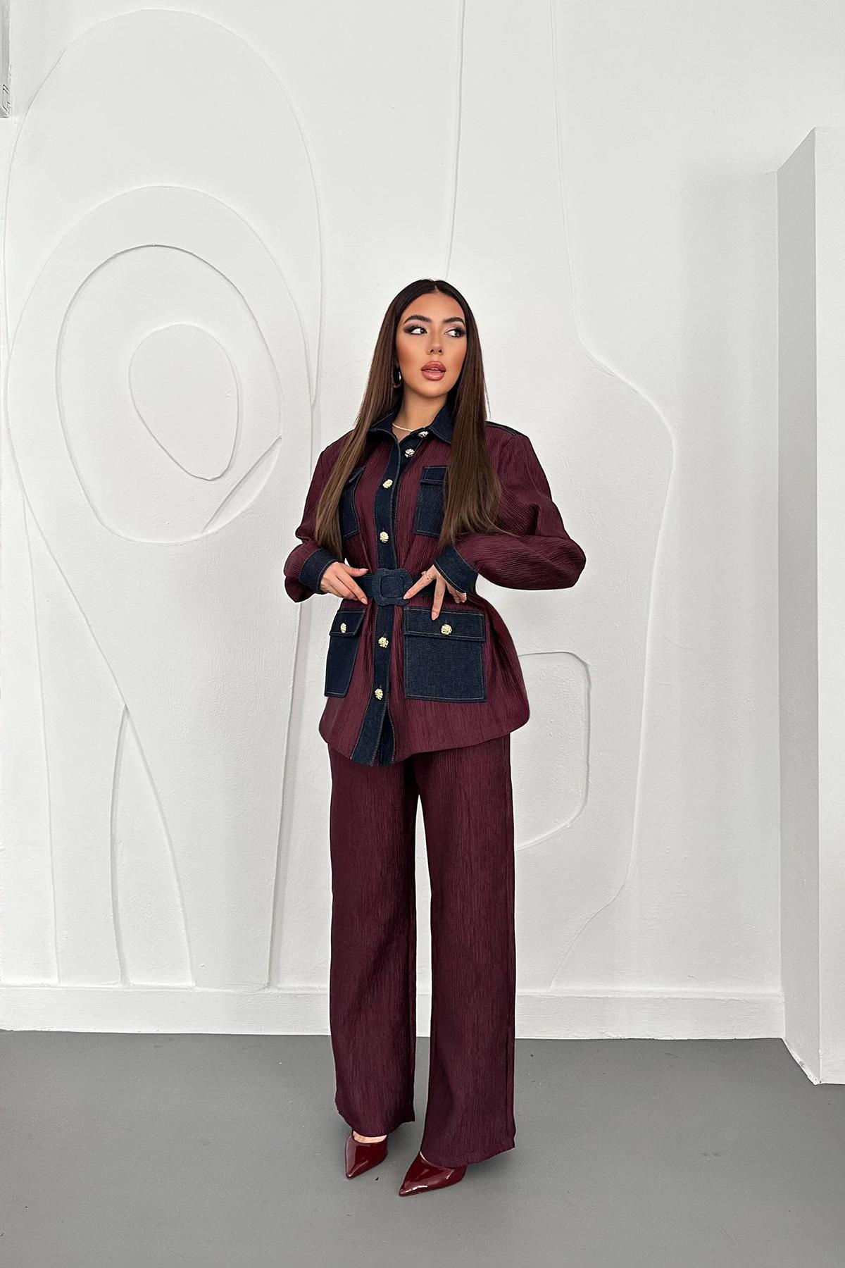 Toptan Bordo Garnili Cepli Gömlek Ve Pantolon Takım