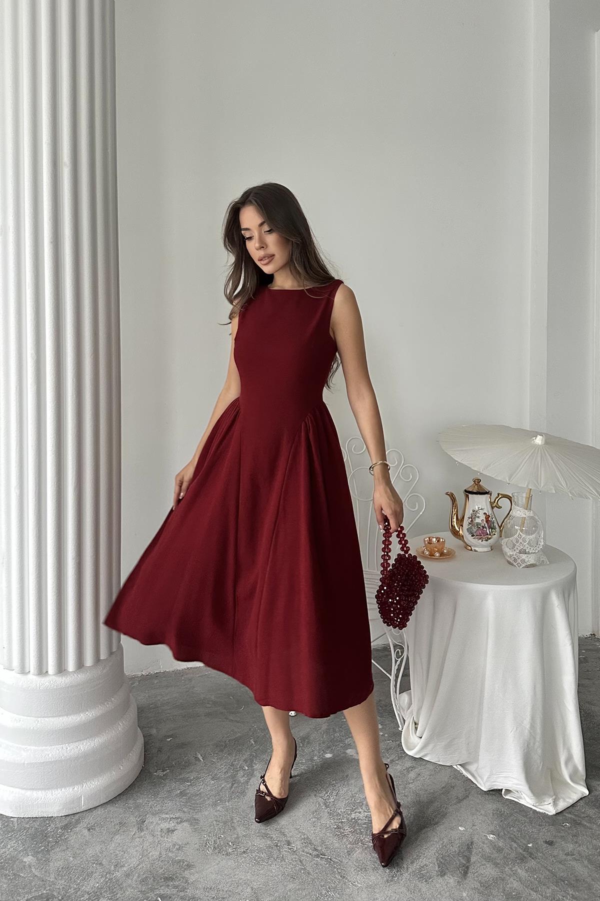 Toptan Bordo Yanları Büzgülü Midi Boy Keten Elbise