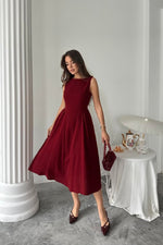 Toptan Bordo Yanları Büzgülü Midi Boy Keten Elbise