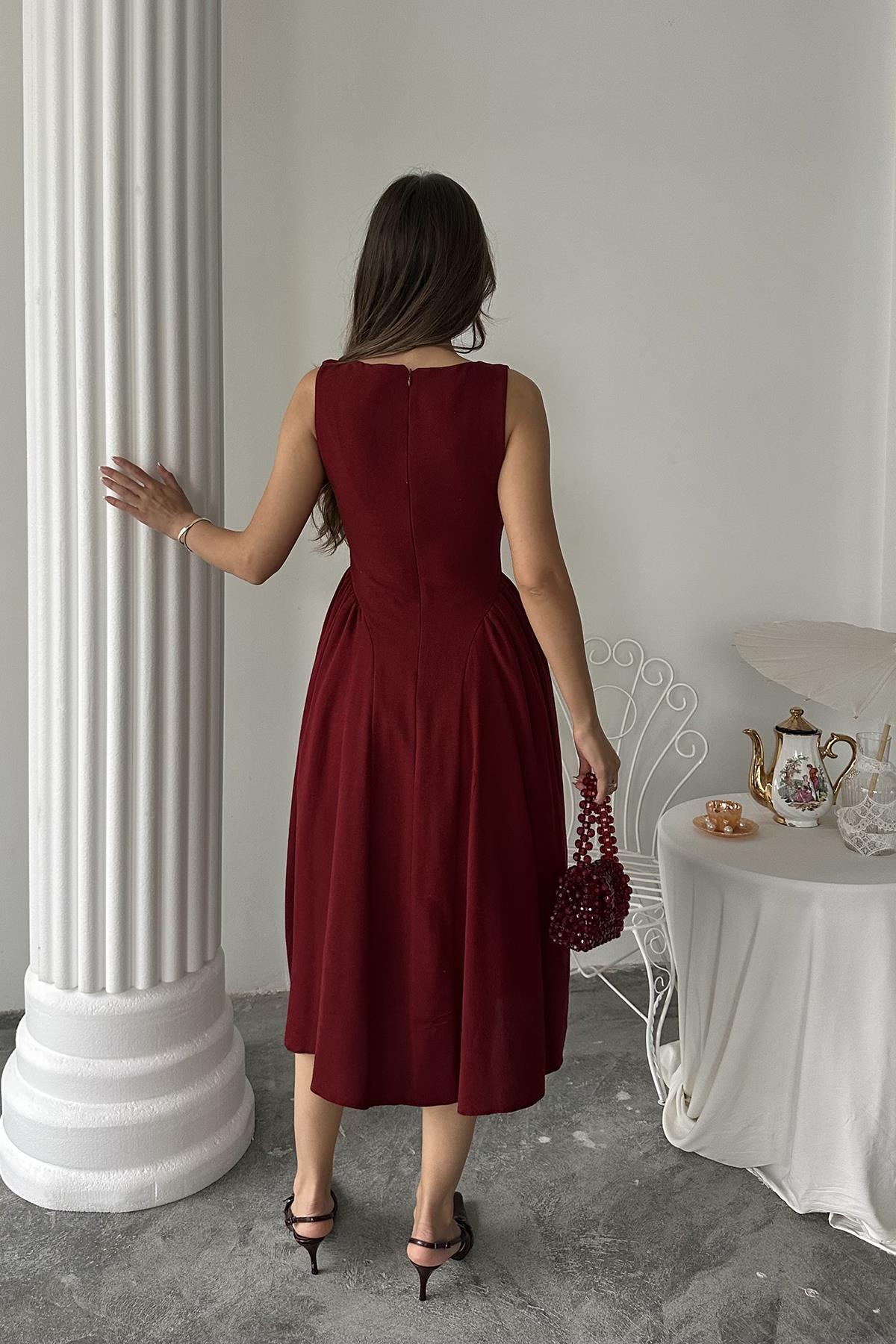 Toptan Bordo Yanları Büzgülü Midi Boy Keten Elbise
