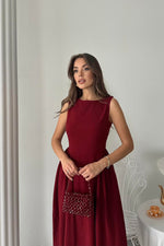 Toptan Bordo Yanları Büzgülü Midi Boy Keten Elbise