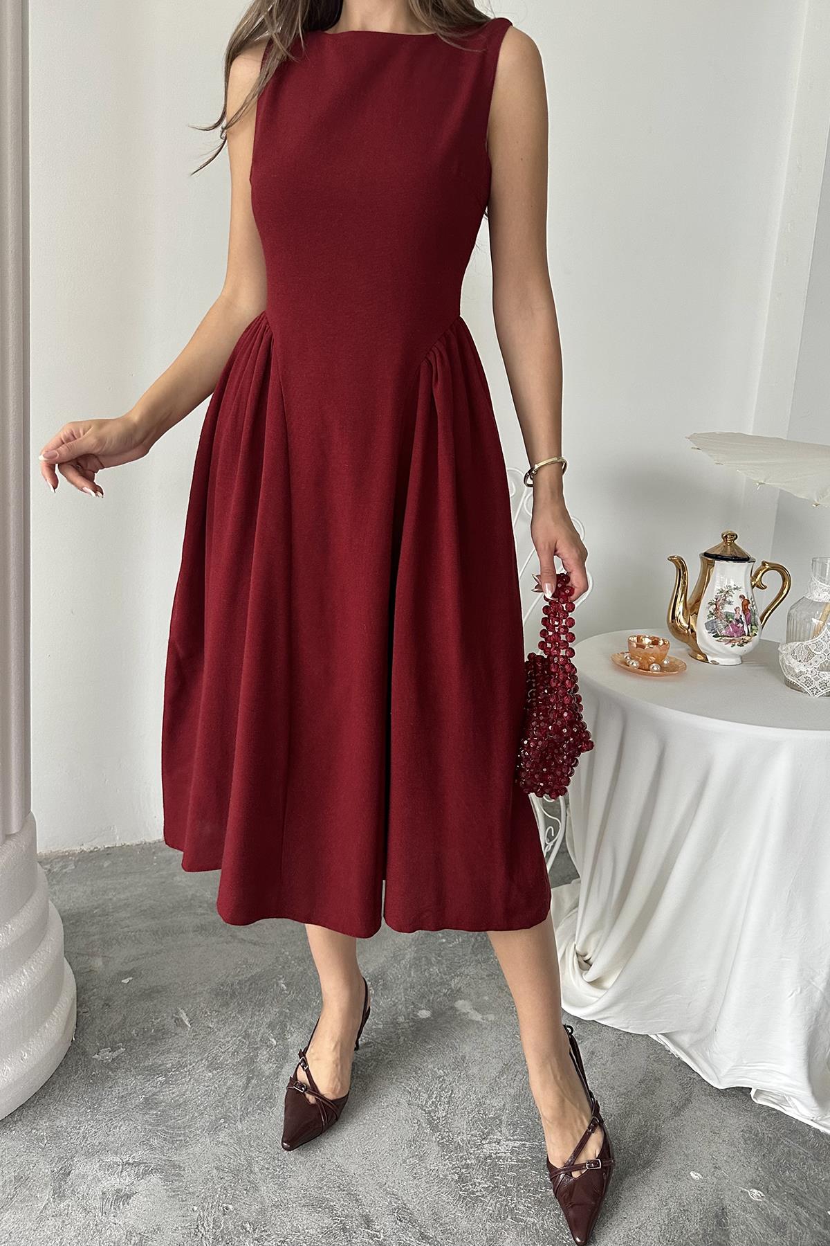 Toptan Bordo Yanları Büzgülü Midi Boy Keten Elbise