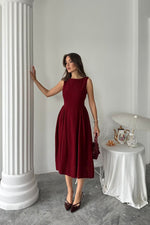 Toptan Bordo Yanları Büzgülü Midi Boy Keten Elbise