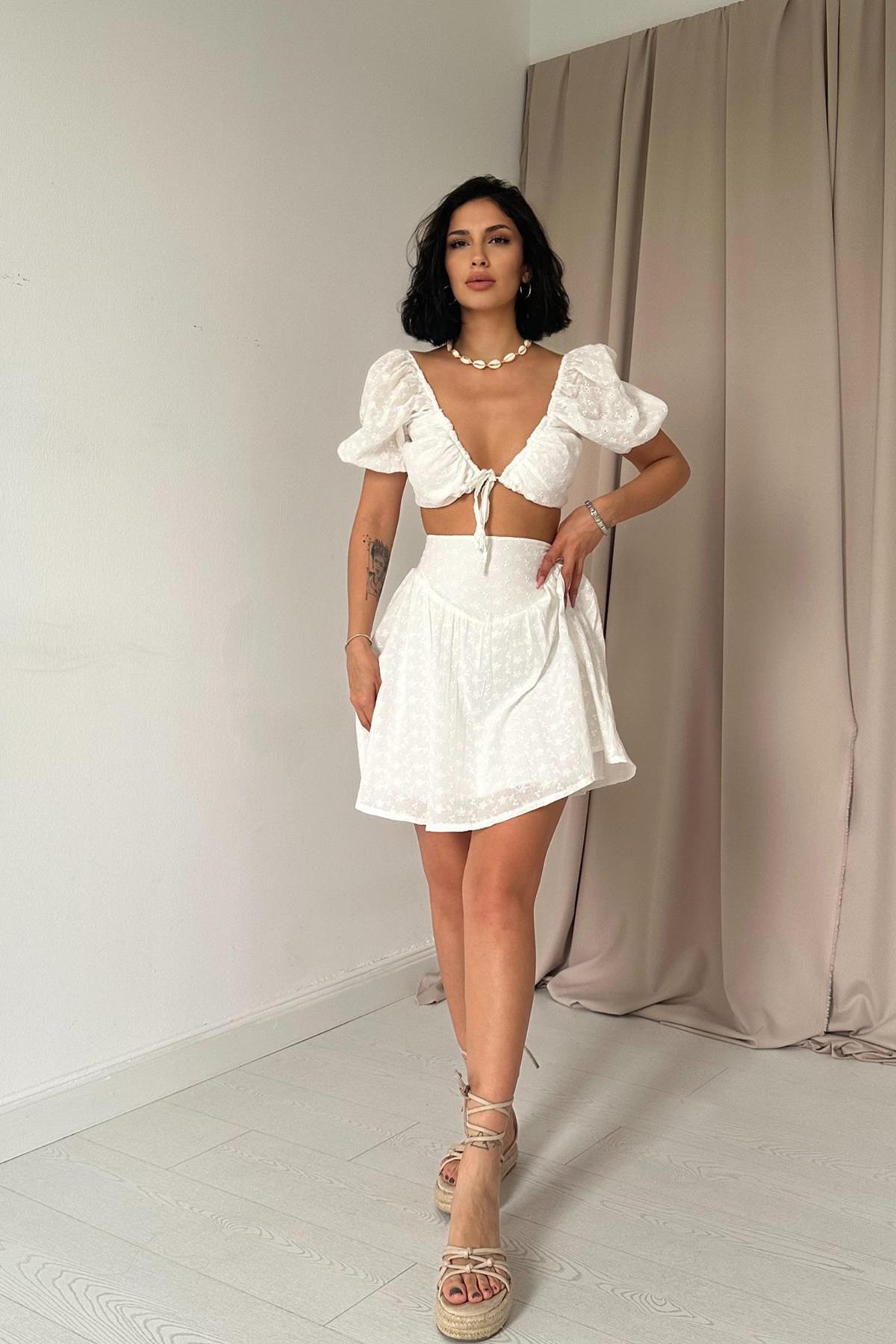 Toptan Ekru Brode Crop Ve Mini Etek Takım