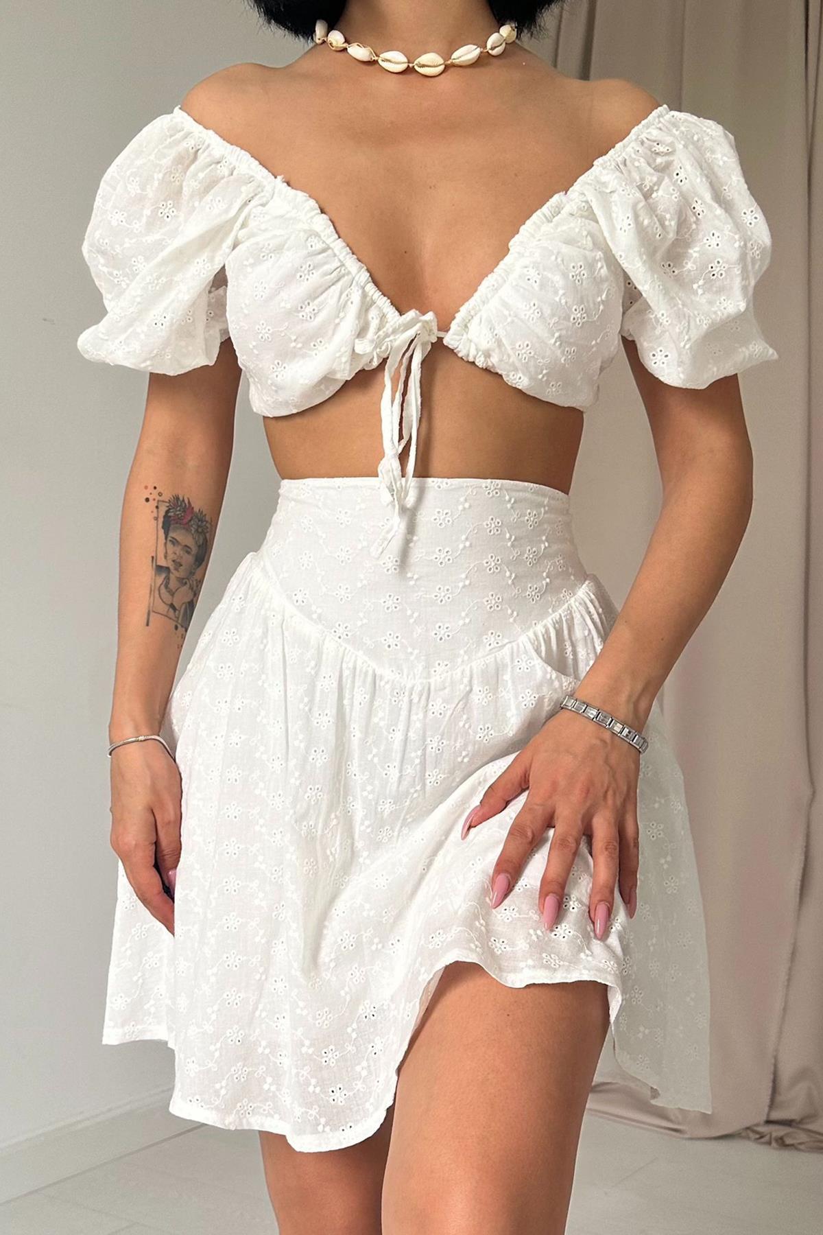 Toptan Ekru Brode Crop Ve Mini Etek Takım