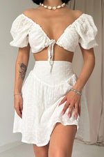 Toptan Ekru Brode Crop Ve Mini Etek Takım