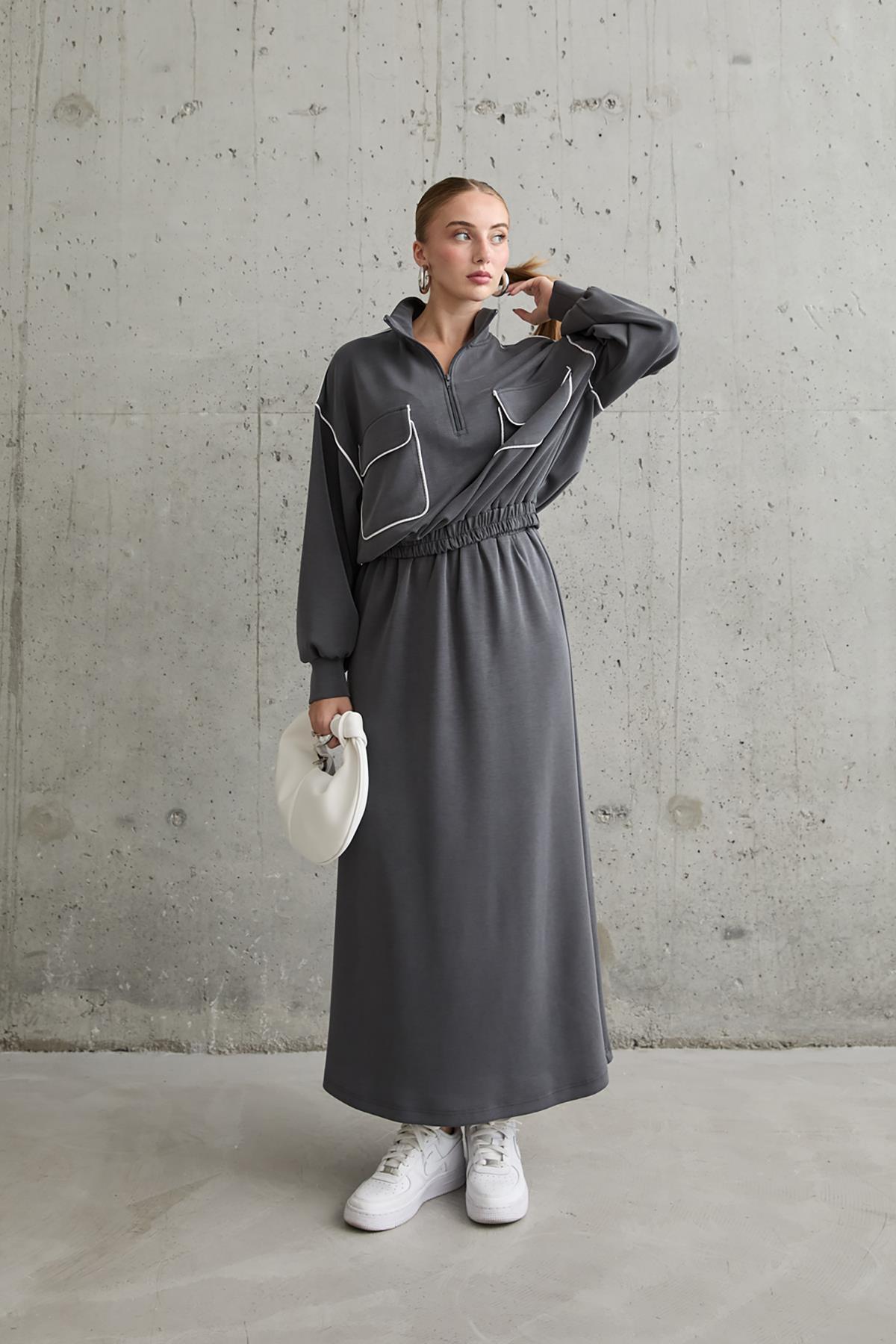 Toptan Füme Biyeli Sweatshirt Ve Etek Takım