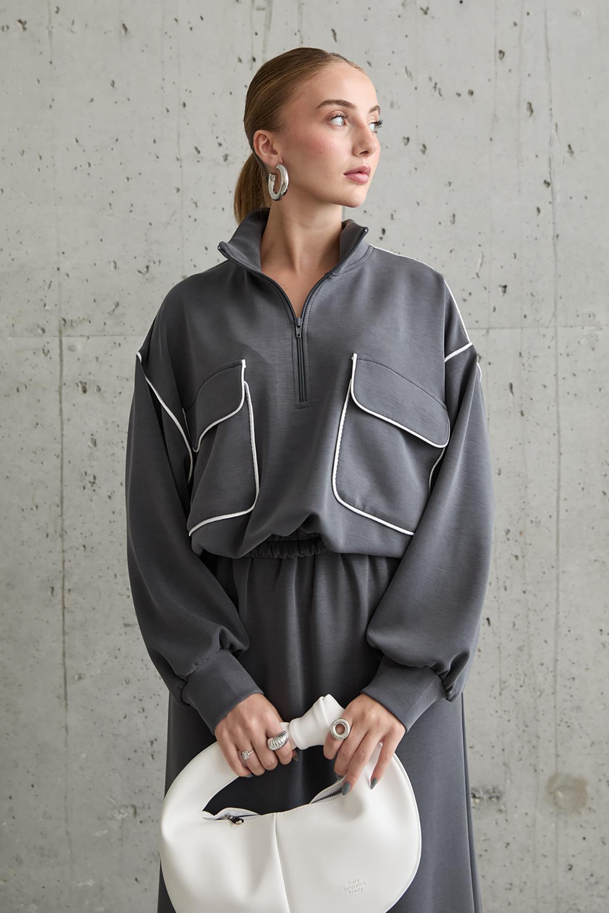 Toptan Füme Biyeli Sweatshirt Ve Etek Takım