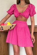 Toptan Fuşya Brode Crop Ve Mini Etek Takım