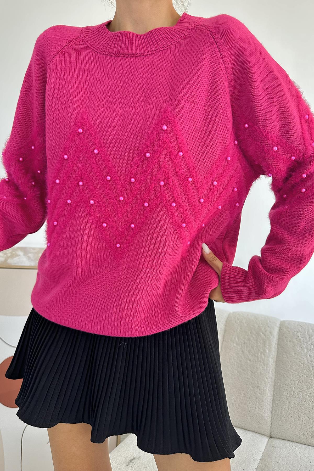 Toptan Fuşya Zikzak Boncuklu Triko Kazak