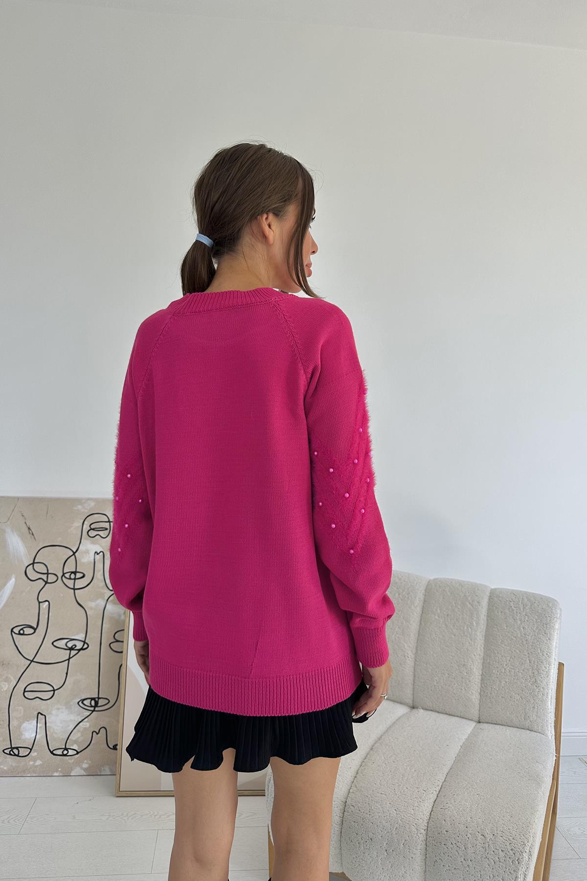 Toptan Fuşya Zikzak Boncuklu Triko Kazak