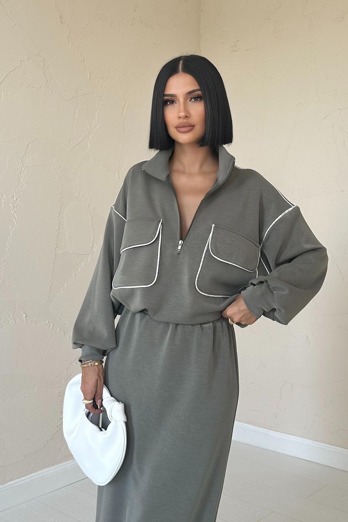 Toptan Haki Biyeli Sweatshirt Ve Etek Takım