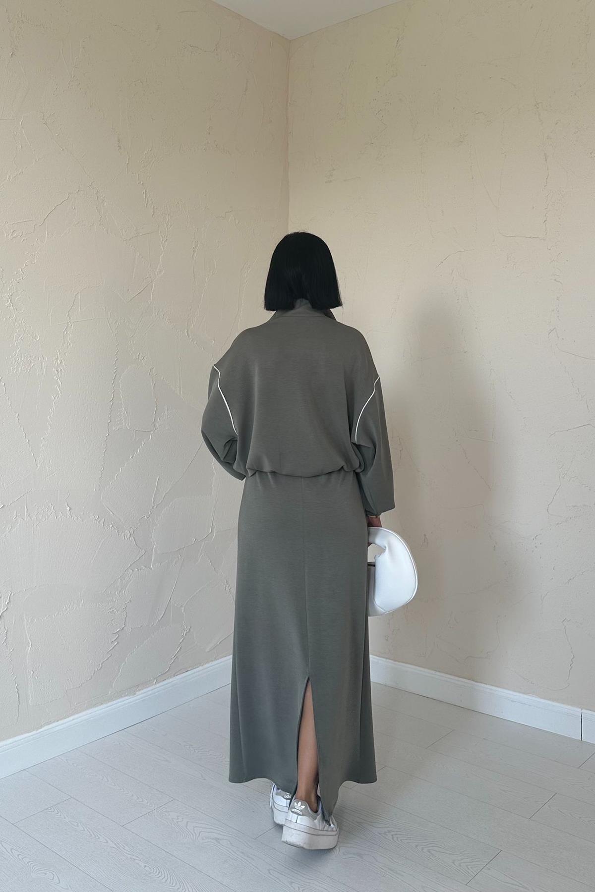 Toptan Haki Biyeli Sweatshirt Ve Etek Takım