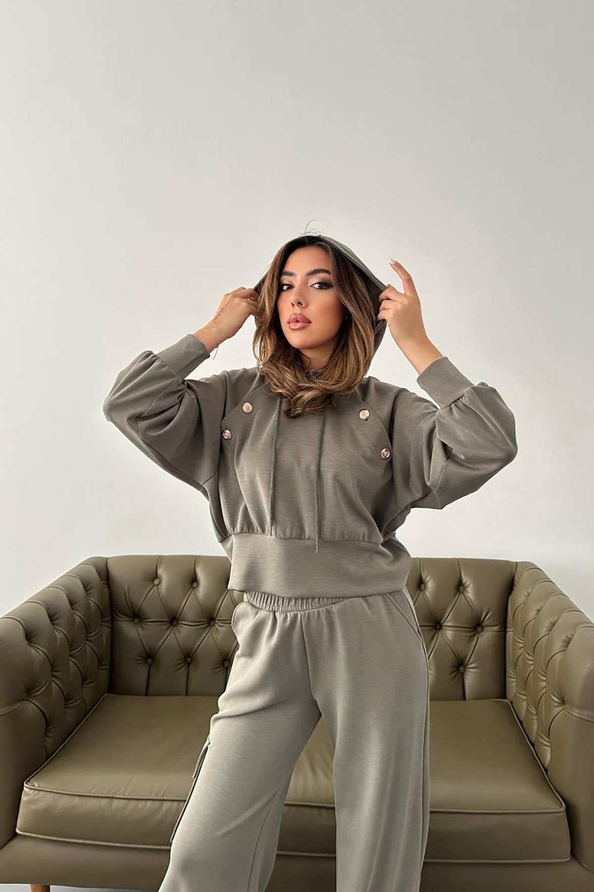 Toptan Haki Kapüşonlu Sweatshirt Ve Kargo Pantolon Takım