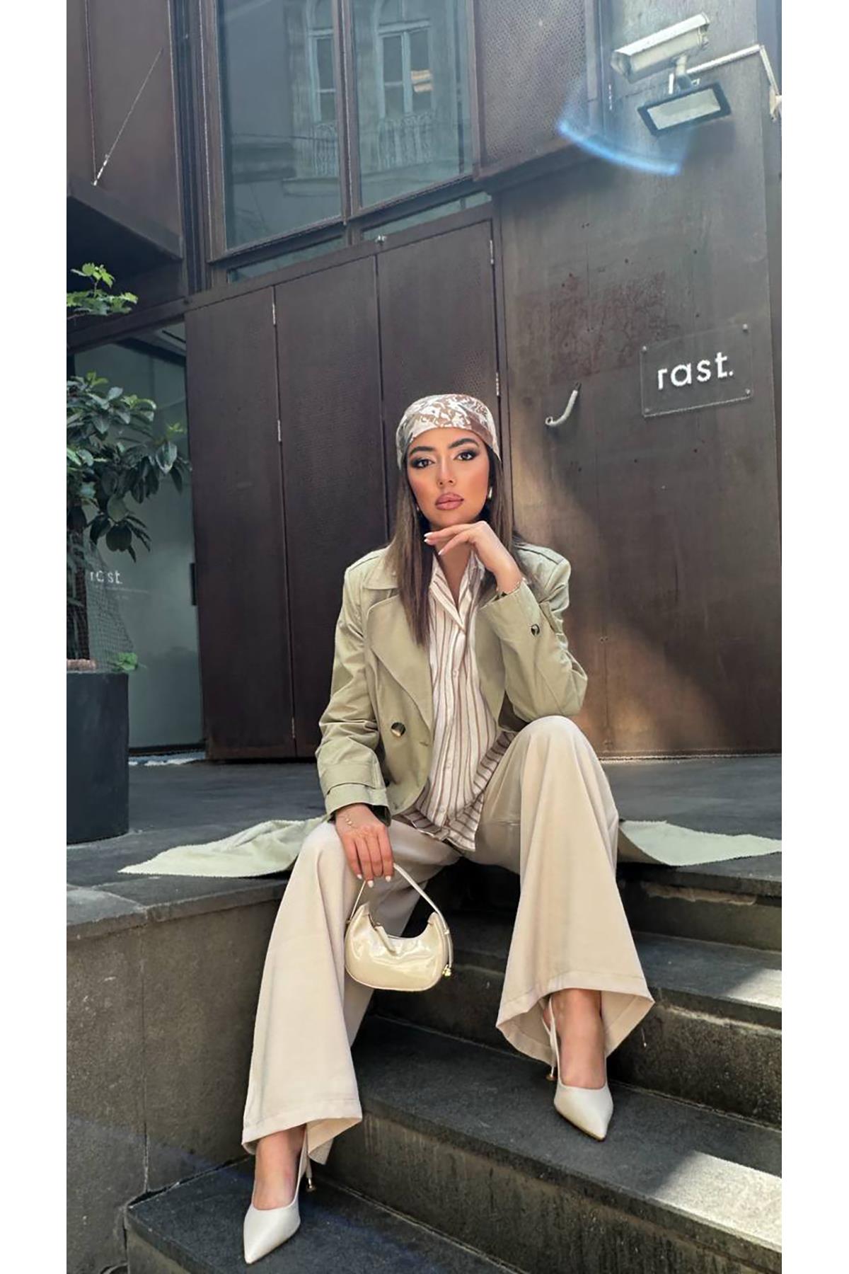 Toptan Haki Uzun Kemerli Trençkot