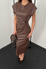 Toptan Kahverengi Deri Düğümlü Elbise